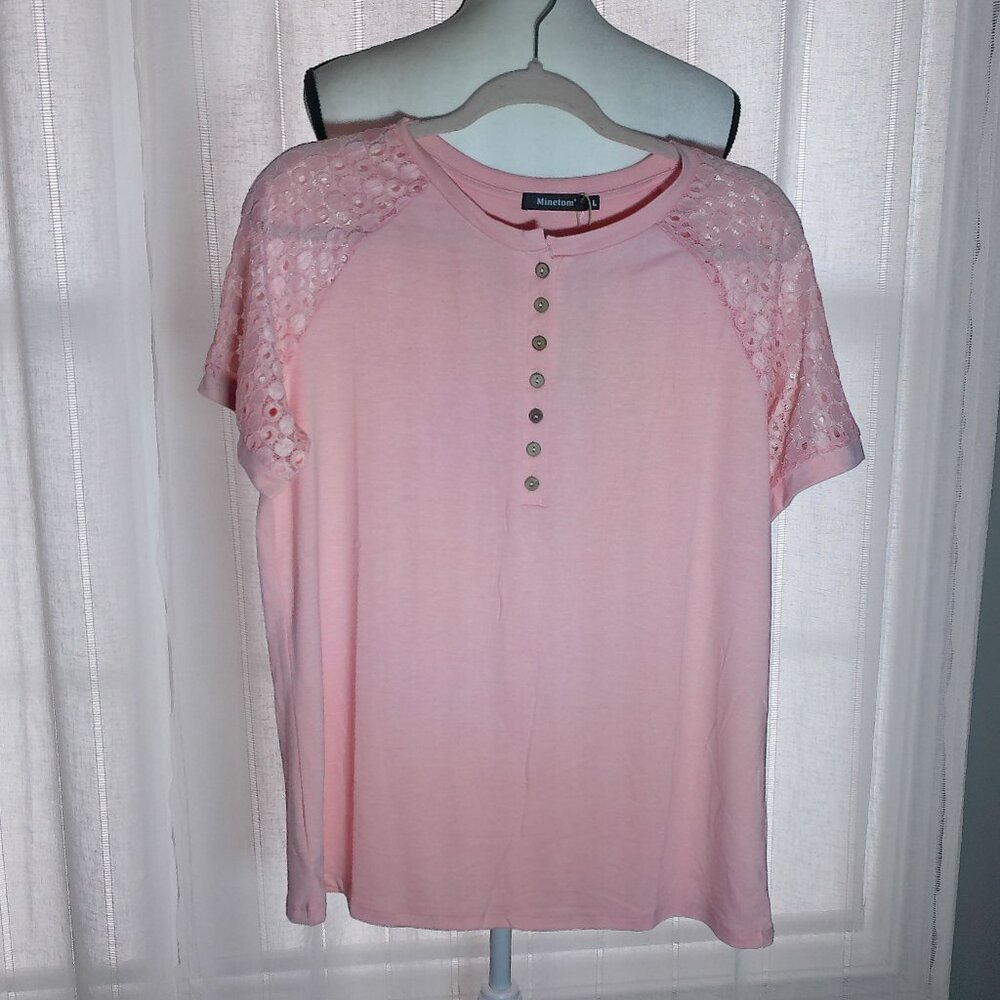 MINETOM Blouse Henley Style w/Lace Sleeves Pink/Peach NWT L